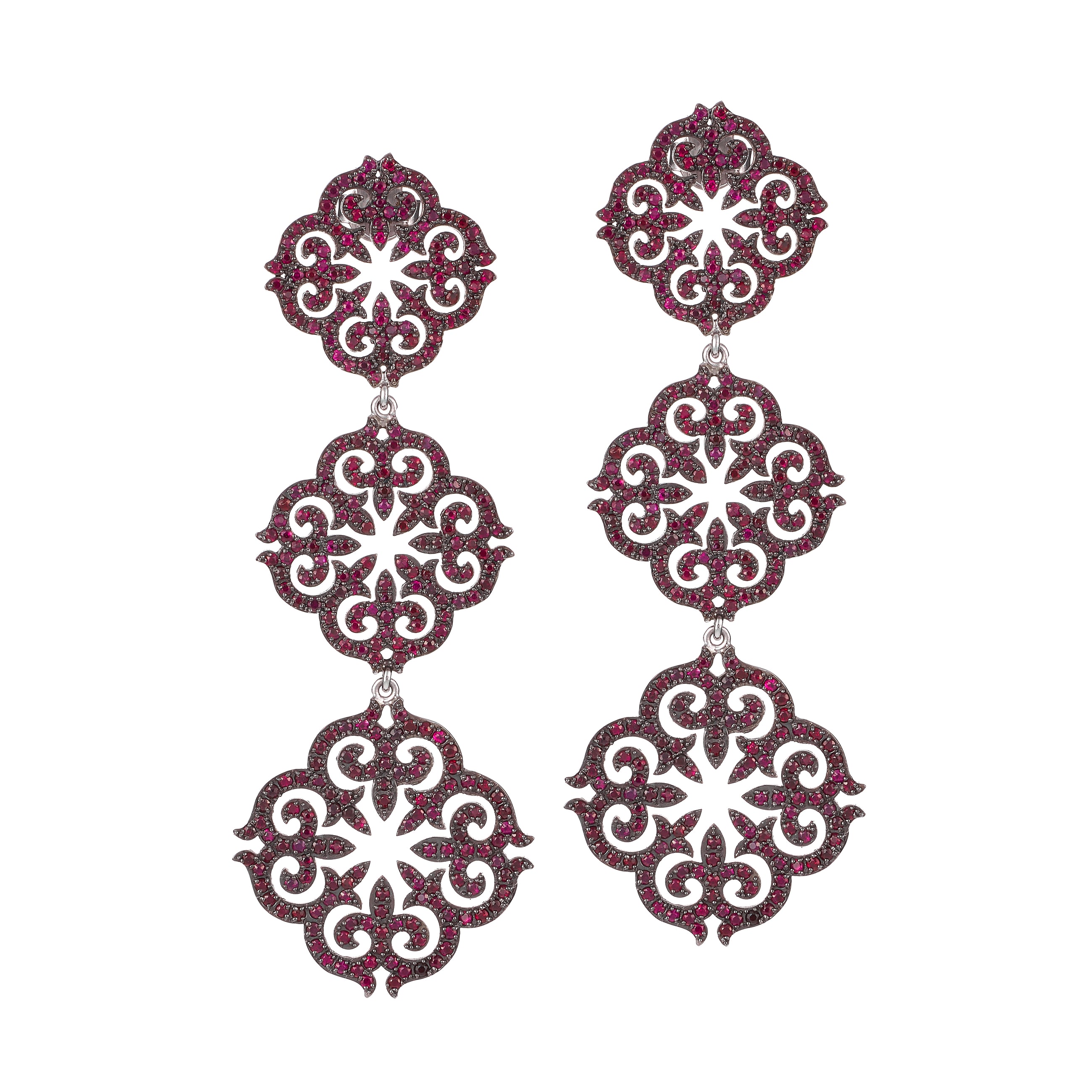 14k White Gold Ruby Three-Piece Ornamental Earrings