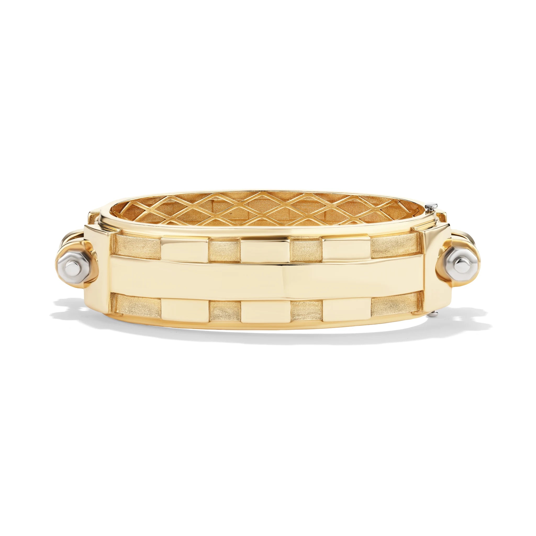 14k yellow gold Large Coupling Cuff, front view of bold 1.5-inch wide industrial-inspired sculptural fine jewelry cuff.   