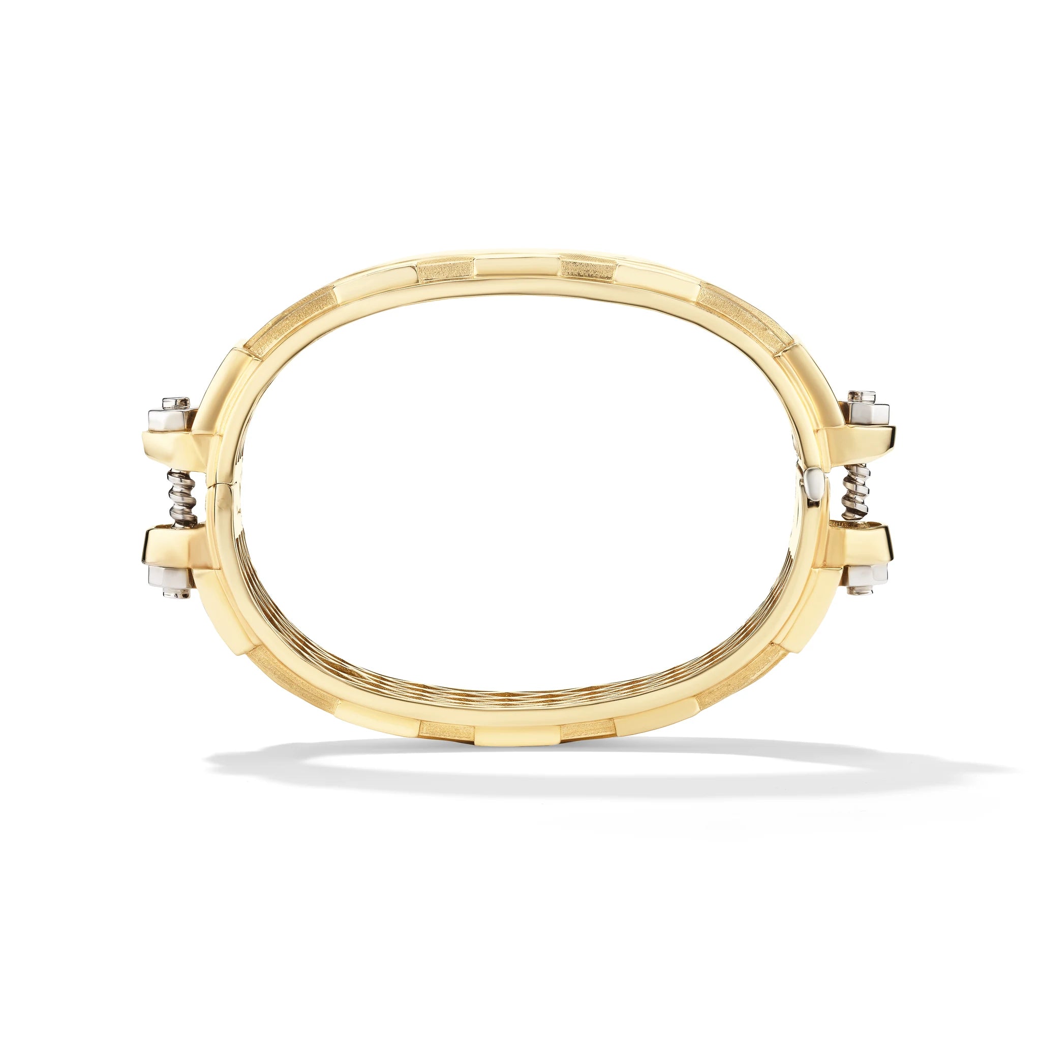 14k yellow gold Large Coupling Cuff, vertical view showing solid sculpted bolt-and-nut hardware-inspired silhouette.   