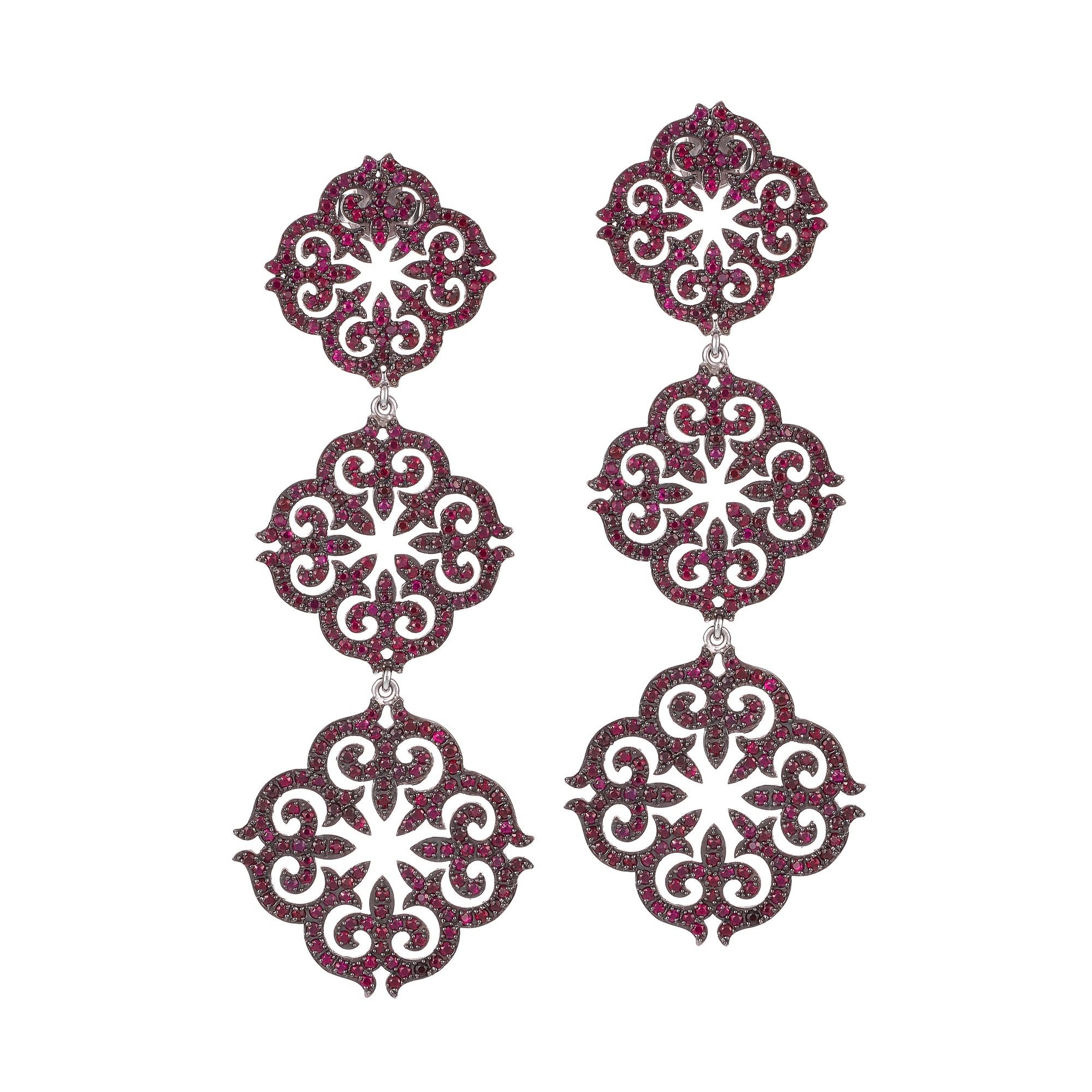 14k White Gold Ruby Three-Piece Ornamental Earrings