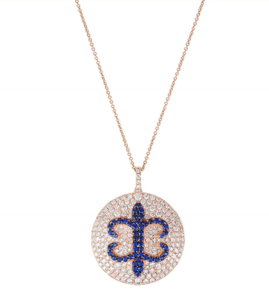 14k Rose Gold Diamond and Blue Sapphire Fleur-de-Lis Pendant